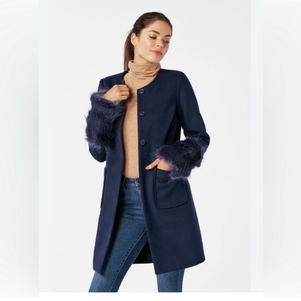 justfab removable faux fur sleeve coat dark indigo Womens XL NEW